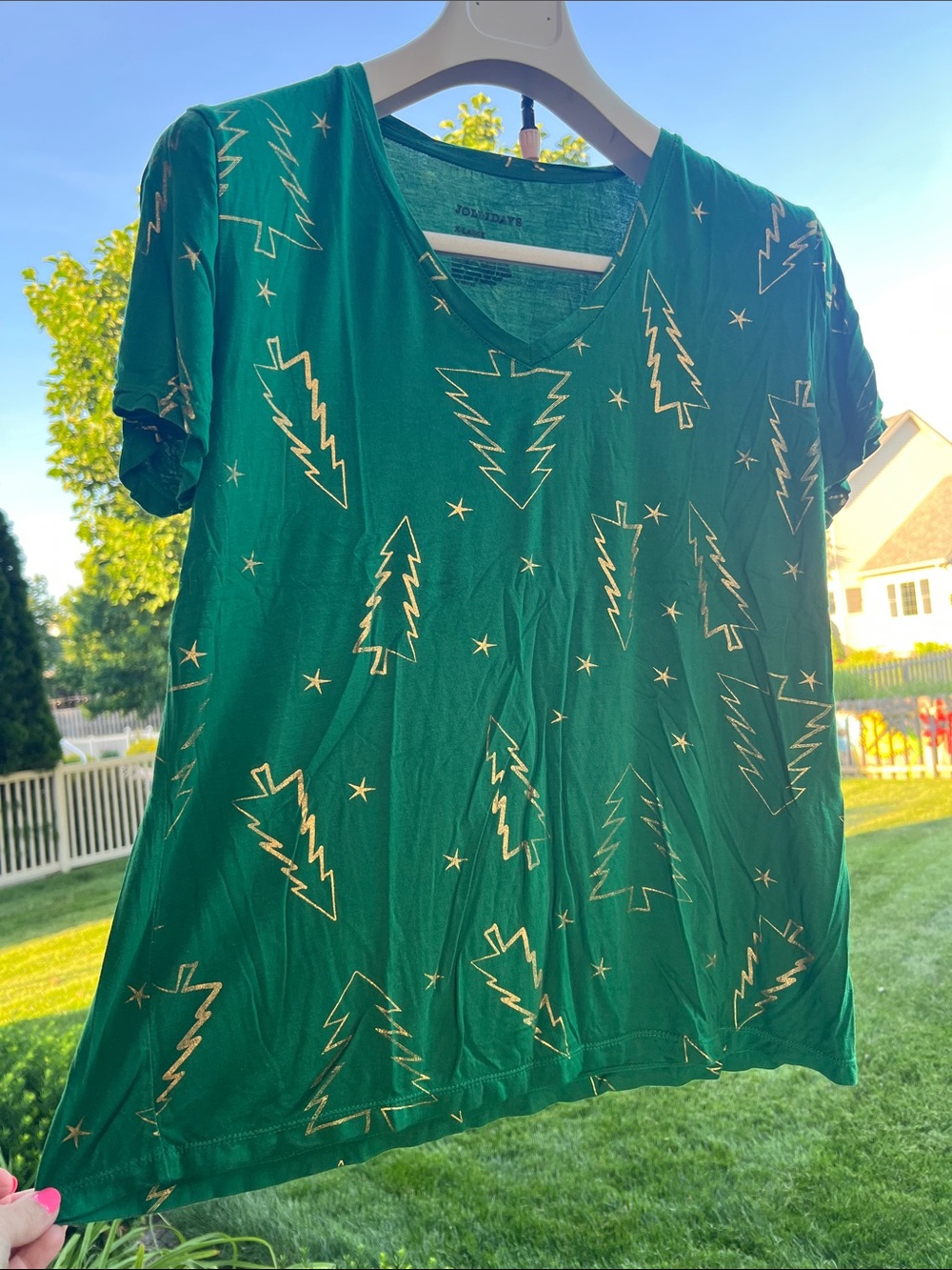 Jollifays Green V-Neck Short Sleeve Tee with Gold Tree Print